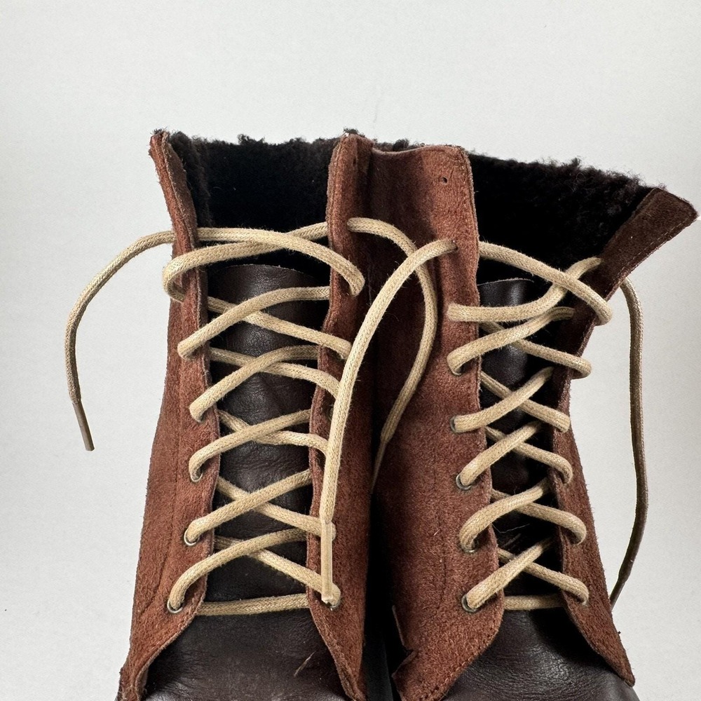 Brown Leather‎ Suede Lace Up Boots Faux Fur Lined Fold Over Ankle Ann Taylor - Picture 9 of 16